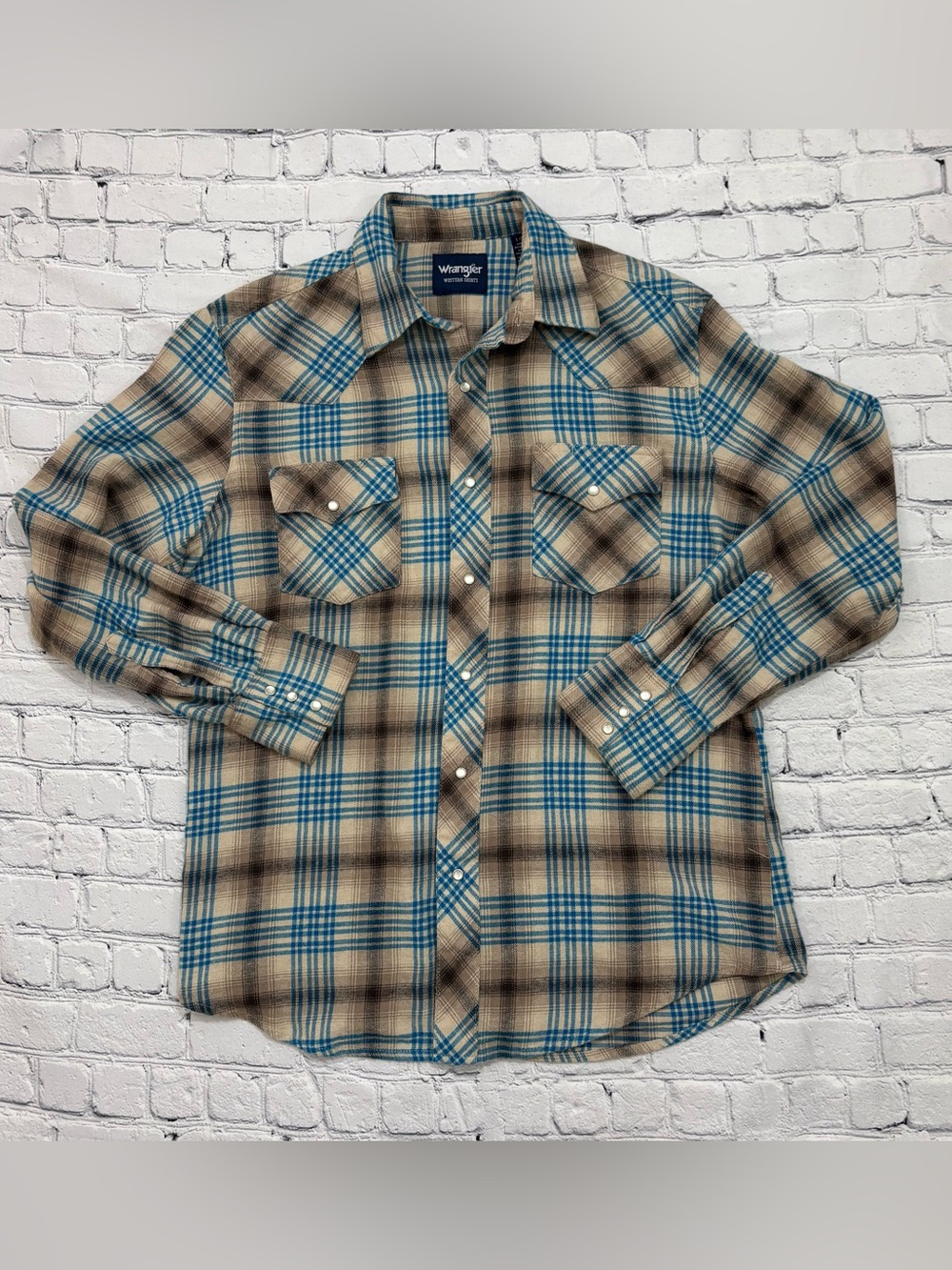 Wrangler Shirt Mens Large Blue Plaid Western Pearl Snap Flannel Long Sleeve